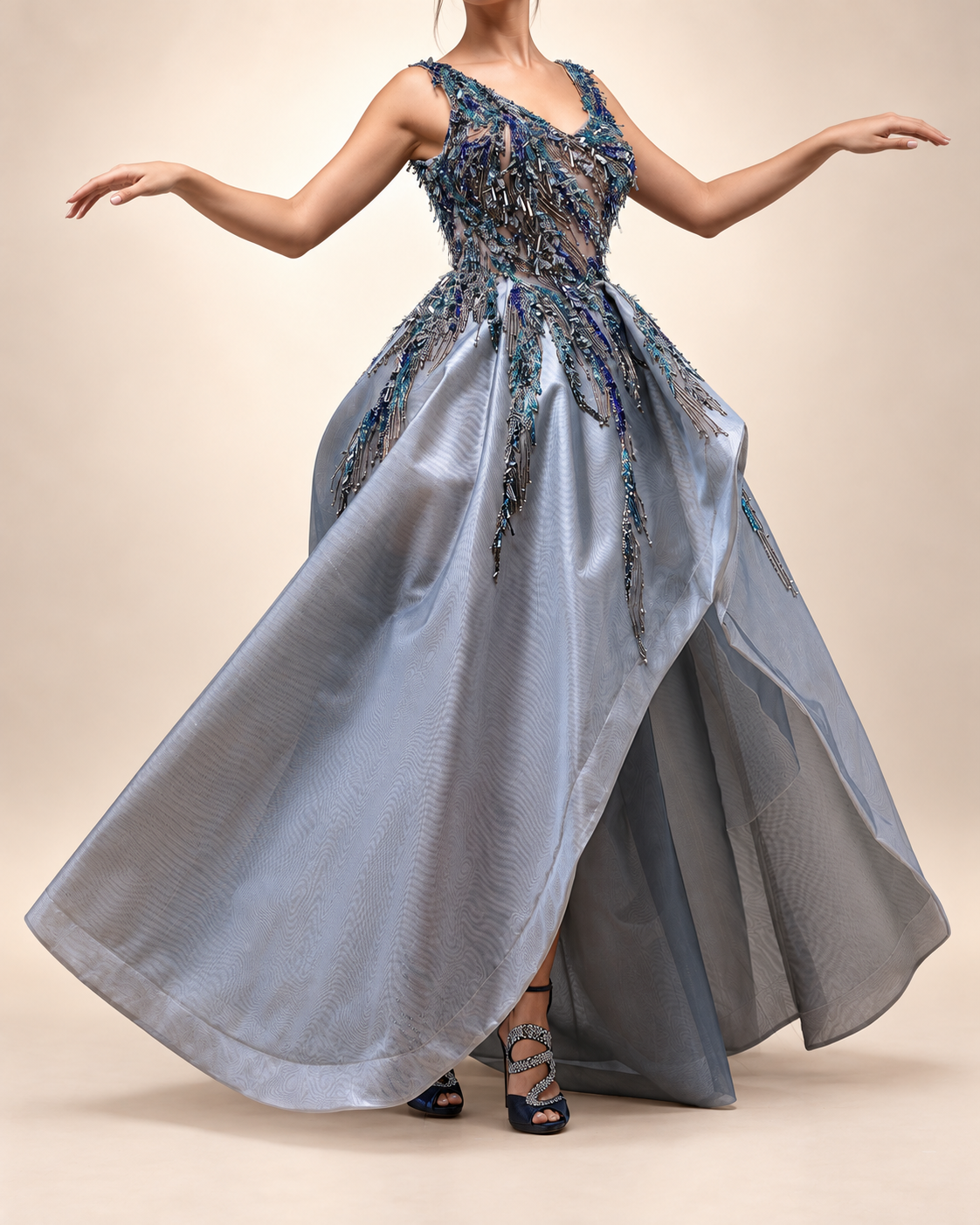 Embroidered Handmade Blue Dress With Tail - Image 3